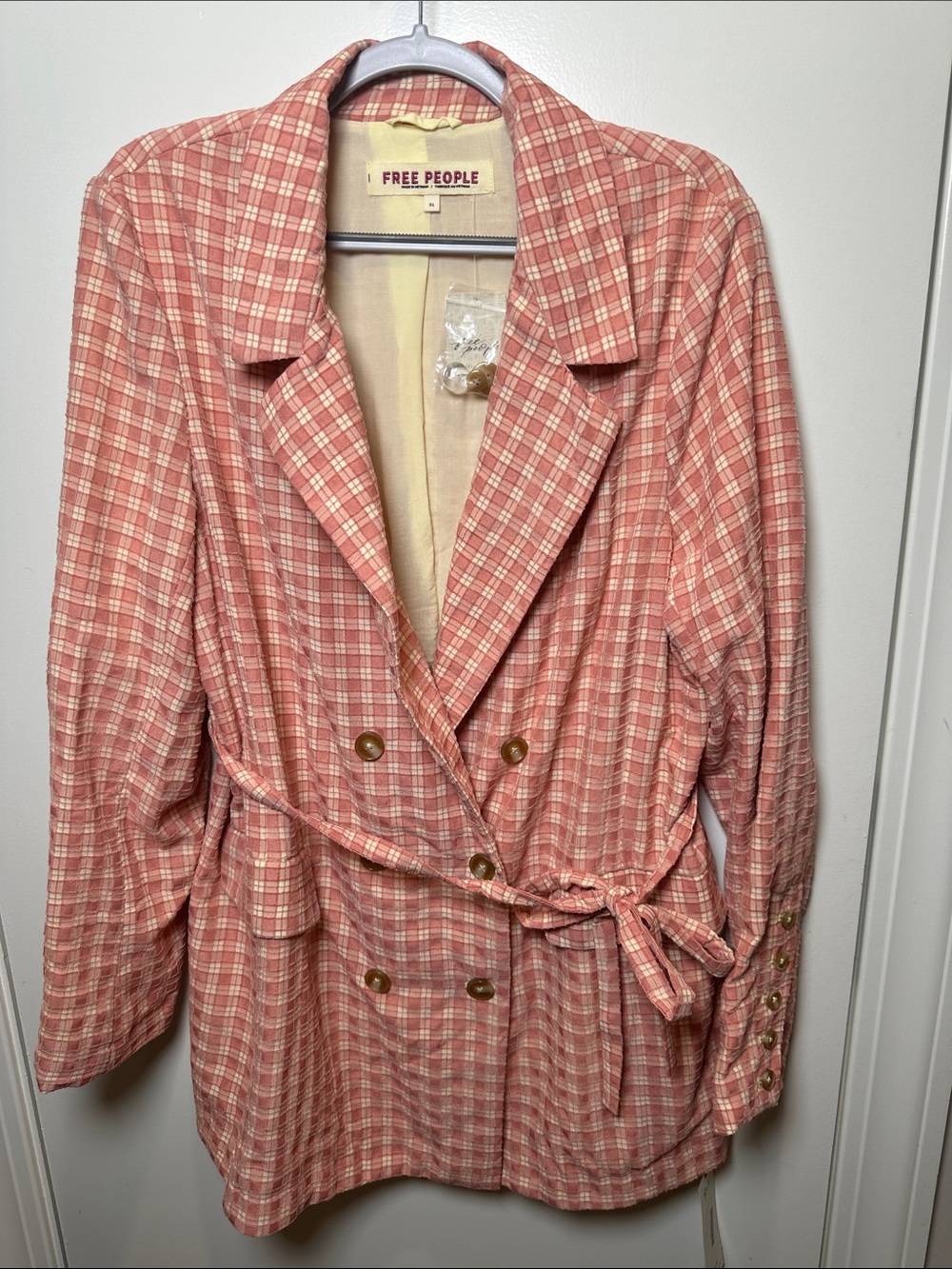 Free People Pink Plaid Double-Breasted Belted Blazer jacket (100)
